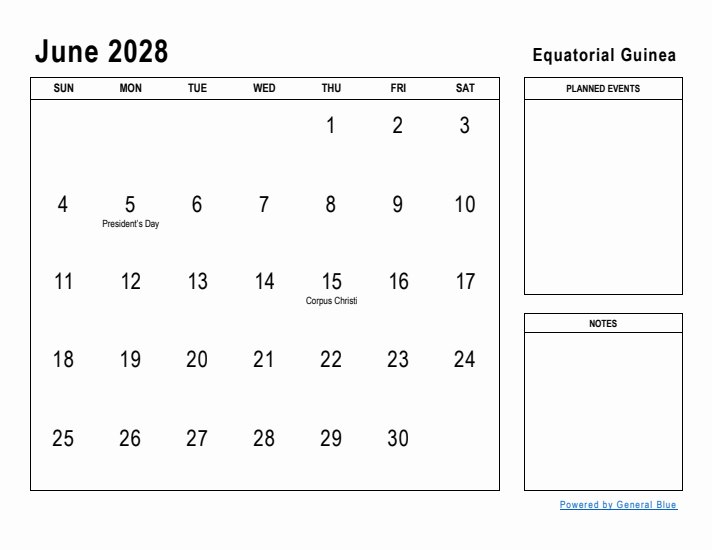 June 2028 Printable Monthly Calendar with Equatorial Guinea Holidays