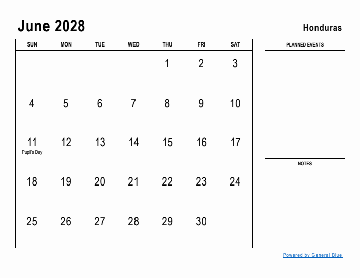 June 2028 Printable Monthly Calendar with Honduras Holidays