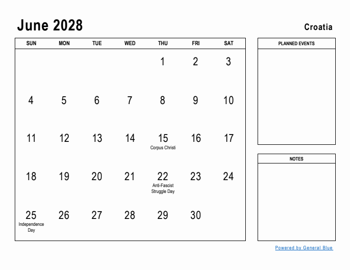 June 2028 Printable Monthly Calendar with Croatia Holidays