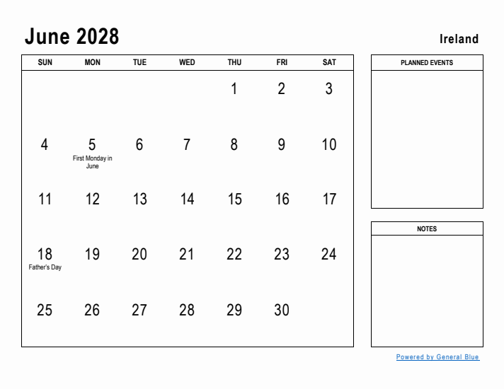 June 2028 Printable Monthly Calendar with Ireland Holidays