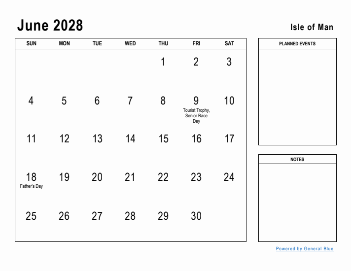 June 2028 Printable Monthly Calendar with Isle of Man Holidays