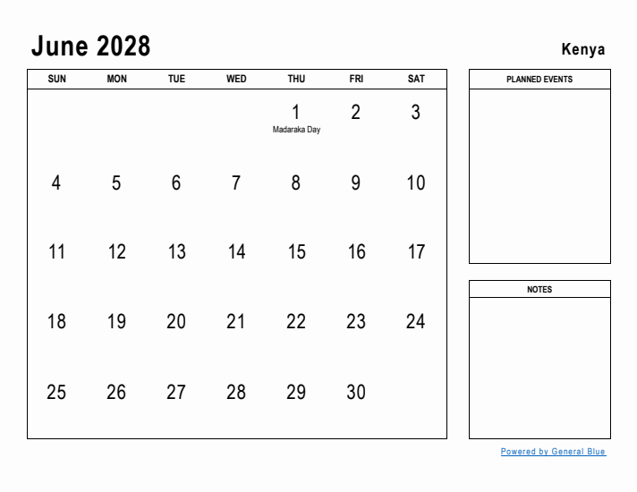 June 2028 Printable Monthly Calendar with Kenya Holidays