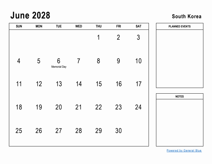 June 2028 Printable Monthly Calendar with South Korea Holidays