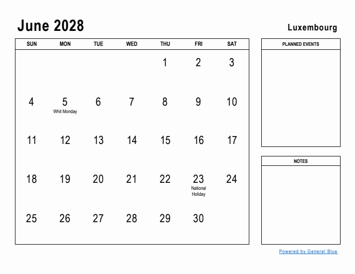 June 2028 Printable Monthly Calendar with Luxembourg Holidays