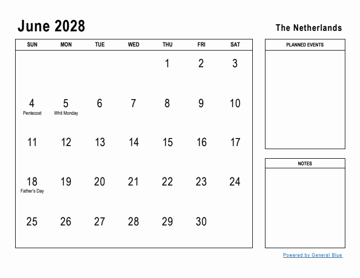 June 2028 Printable Monthly Calendar with The Netherlands Holidays