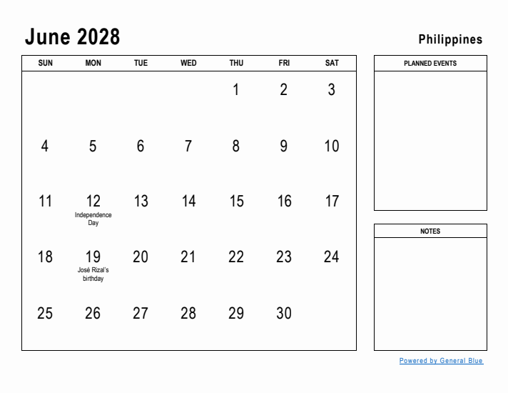 June 2028 Printable Monthly Calendar with Philippines Holidays