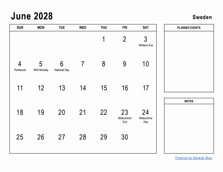 June 2028 Printable Monthly Calendar with Sweden Holidays