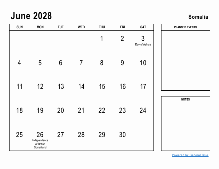 June 2028 Printable Monthly Calendar with Somalia Holidays