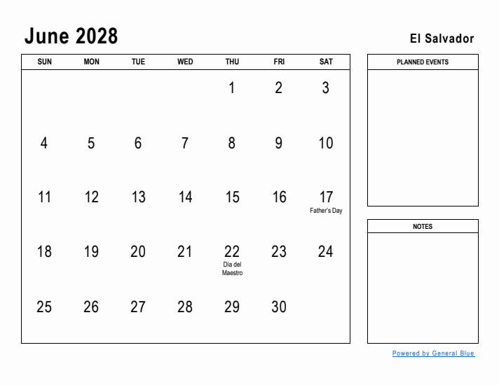 June 2028 Printable Monthly Calendar with El Salvador Holidays