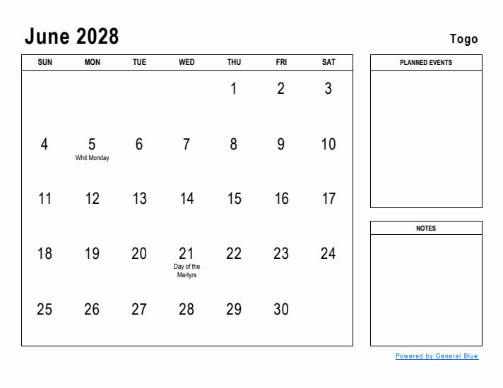 June 2028 Printable Monthly Calendar with Togo Holidays