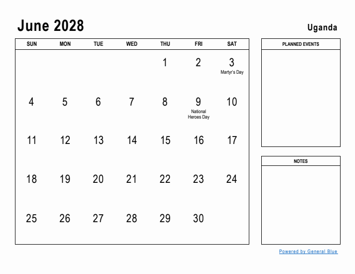 June 2028 Printable Monthly Calendar with Uganda Holidays