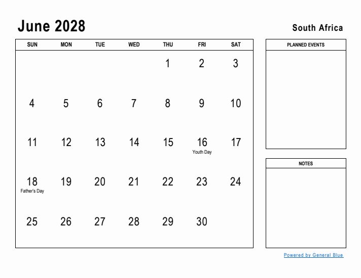 June 2028 Printable Monthly Calendar with South Africa Holidays