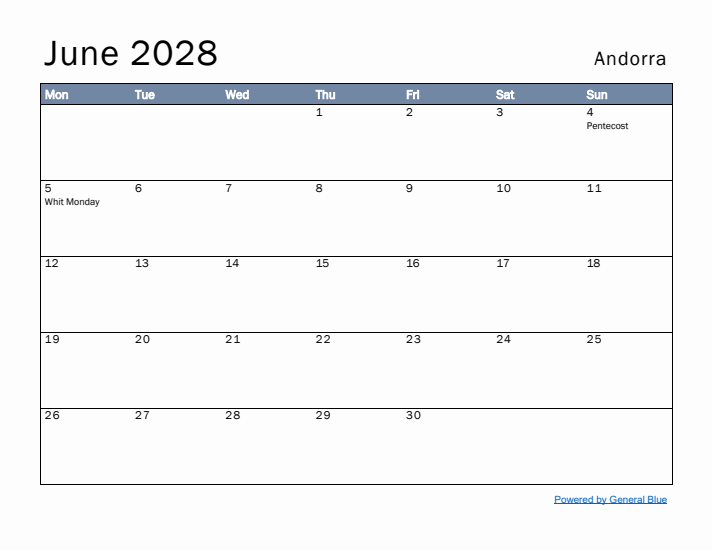 June 2028 Simple Monthly Calendar for Andorra