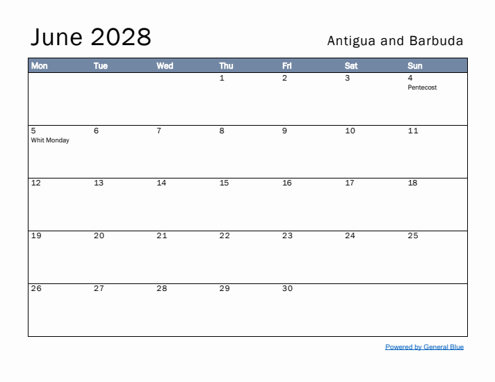 June 2028 Simple Monthly Calendar for Antigua and Barbuda