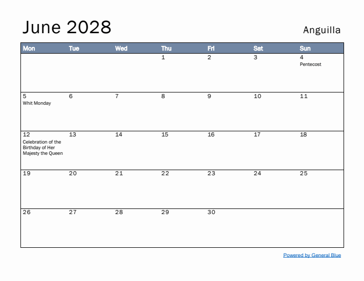 June 2028 Simple Monthly Calendar for Anguilla