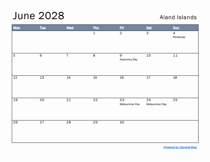 June 2028 Simple Monthly Calendar for Aland Islands