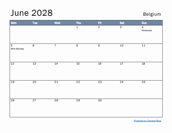 June 2028 Simple Monthly Calendar for Belgium