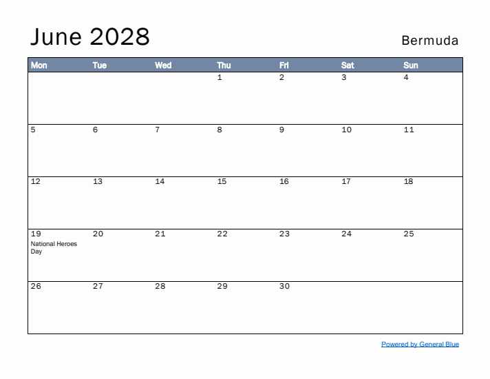 June 2028 Simple Monthly Calendar for Bermuda