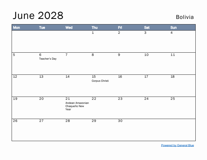 June 2028 Simple Monthly Calendar for Bolivia