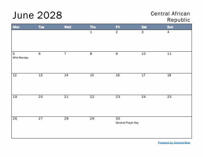 June 2028 Simple Monthly Calendar for Central African Republic