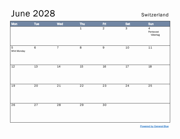 June 2028 Simple Monthly Calendar for Switzerland