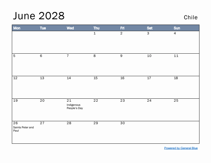 June 2028 Simple Monthly Calendar for Chile