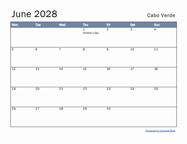 June 2028 Simple Monthly Calendar for Cabo Verde