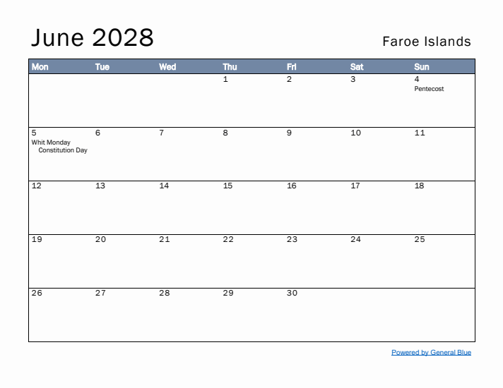 June 2028 Simple Monthly Calendar for Faroe Islands