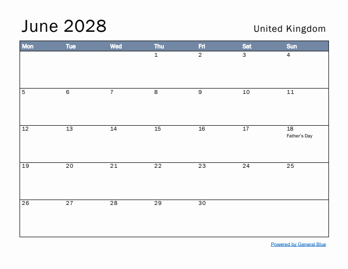 June 2028 Simple Monthly Calendar for United Kingdom