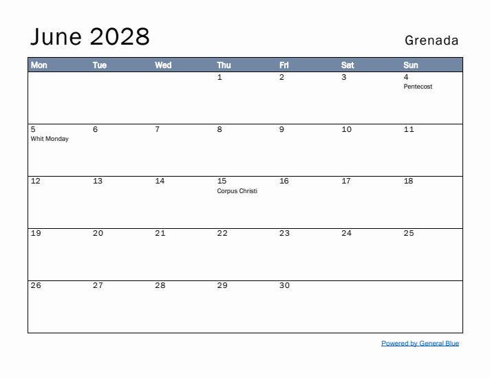 June 2028 Simple Monthly Calendar for Grenada