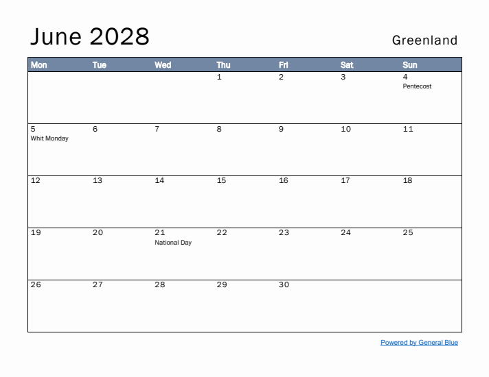 June 2028 Simple Monthly Calendar for Greenland