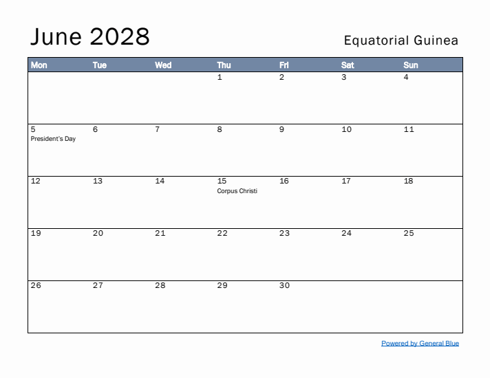 June 2028 Simple Monthly Calendar for Equatorial Guinea