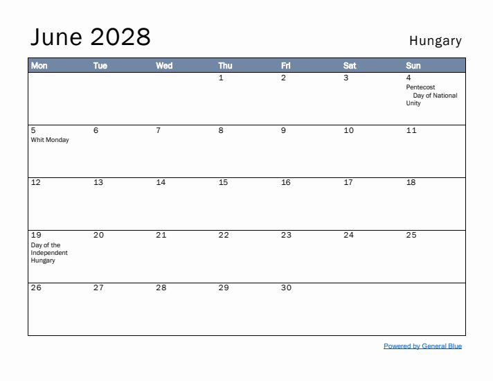 June 2028 Simple Monthly Calendar for Hungary