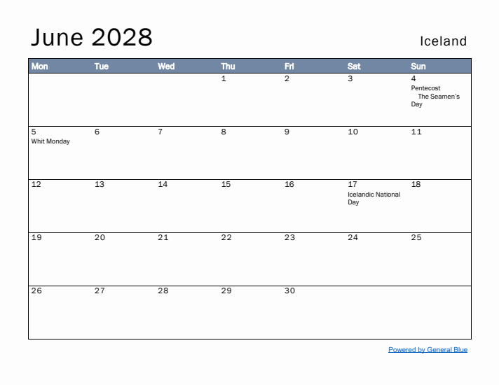 June 2028 Simple Monthly Calendar for Iceland