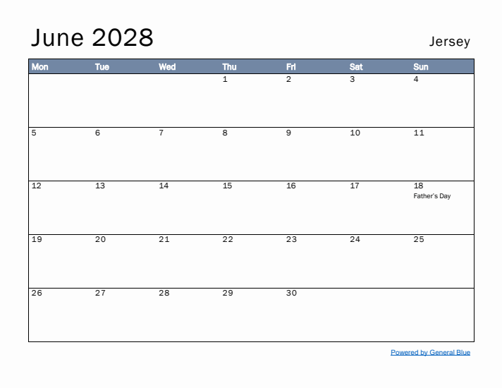 June 2028 Simple Monthly Calendar for Jersey