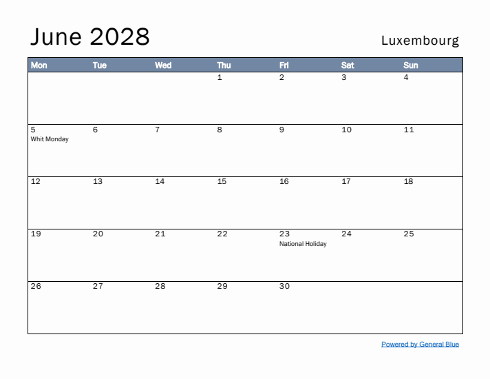 June 2028 Simple Monthly Calendar for Luxembourg