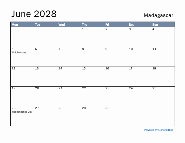 June 2028 Simple Monthly Calendar for Madagascar