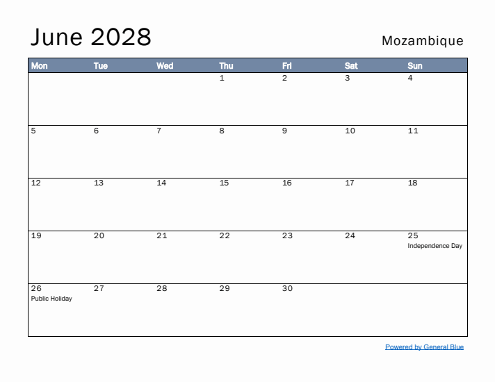 June 2028 Simple Monthly Calendar for Mozambique