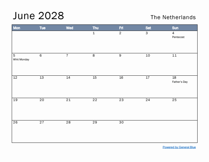 June 2028 Simple Monthly Calendar for The Netherlands