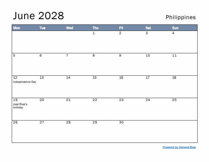 June 2028 Simple Monthly Calendar for Philippines