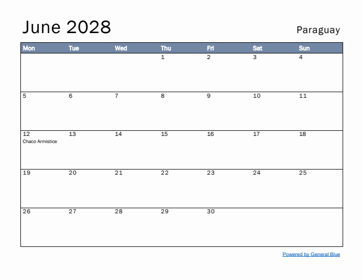 June 2028 Simple Monthly Calendar for Paraguay