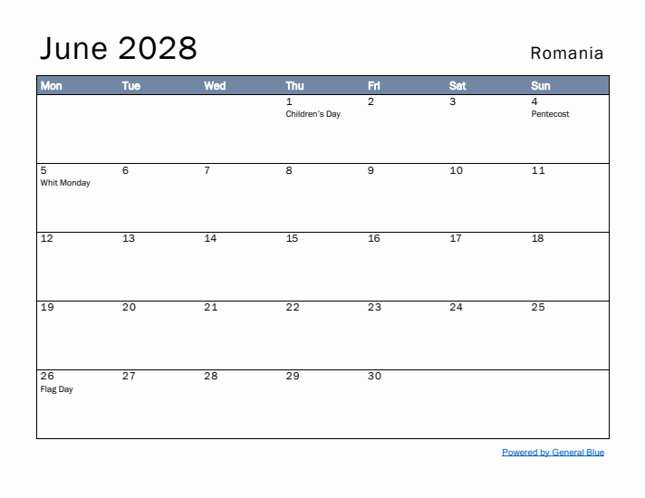 June 2028 Simple Monthly Calendar for Romania