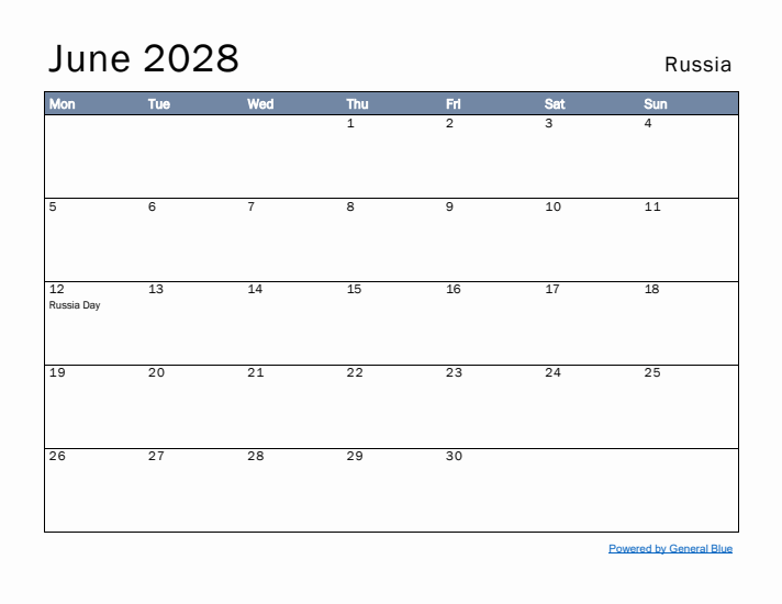 June 2028 Simple Monthly Calendar for Russia