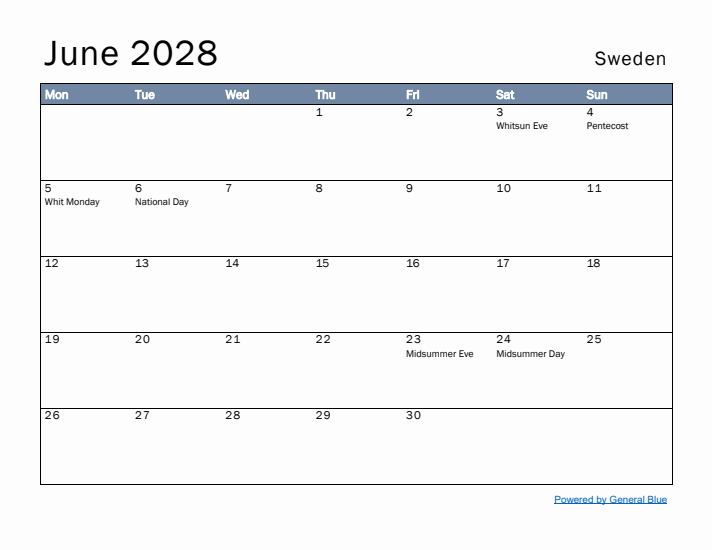 June 2028 Simple Monthly Calendar for Sweden