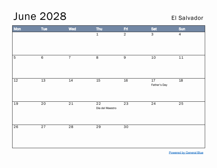 June 2028 Simple Monthly Calendar for El Salvador