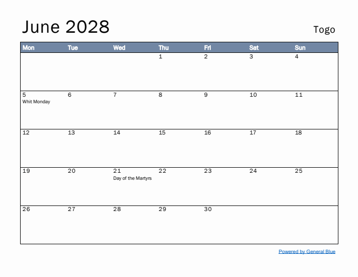 June 2028 Simple Monthly Calendar for Togo