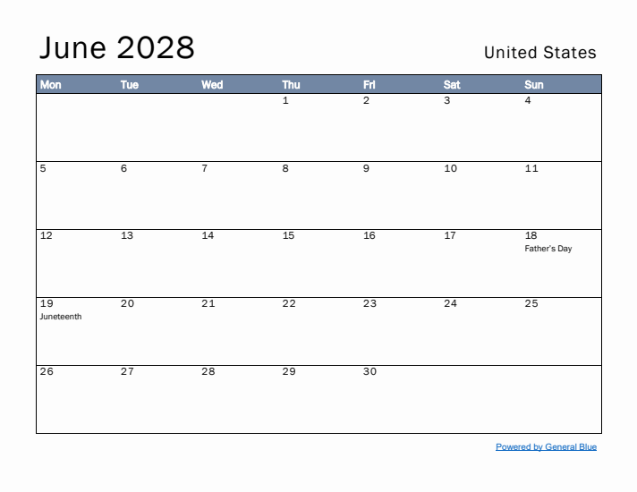 June 2028 Simple Monthly Calendar for United States