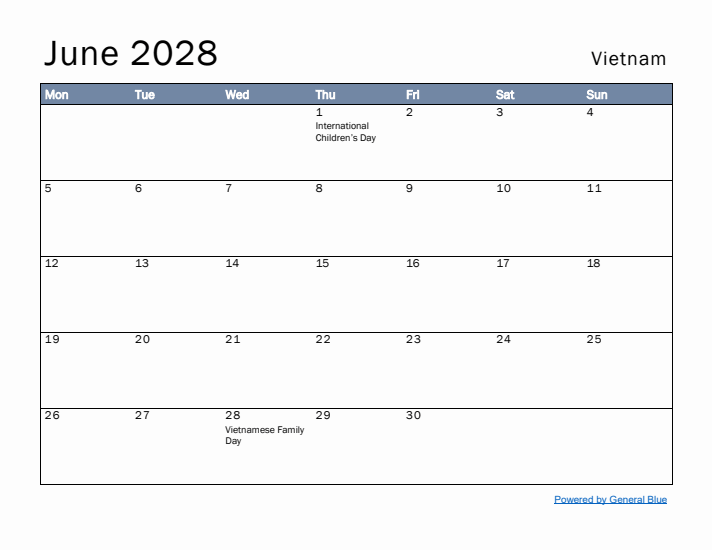 June 2028 Simple Monthly Calendar for Vietnam