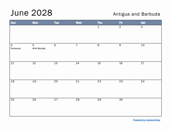 June 2028 Simple Monthly Calendar for Antigua and Barbuda