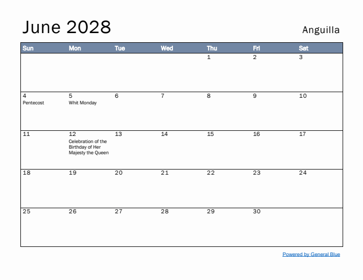 June 2028 Simple Monthly Calendar for Anguilla